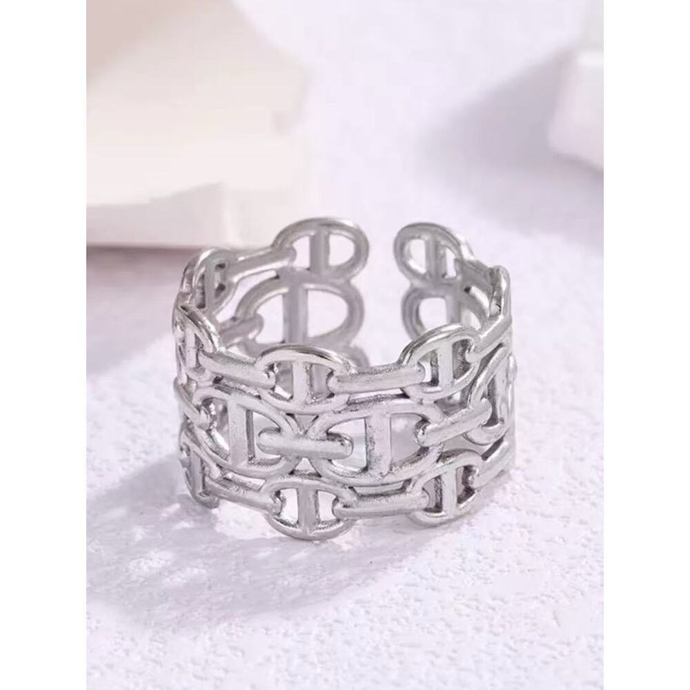 Silver Mariner Pignose Link Chain Open Cuff Bangle Ring Bracelet Set - Picture 8 of 8